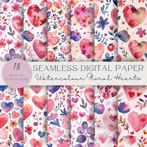 May include: Set of 18 digital papers featuring watercolor floral hearts in pink, blue, and green. Seamless patterns for crafting and design projects.