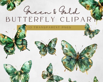 Green Gold Butterflies Clipart | Butterfly Garden | Watercolor Butterfly | Simple Butterfly Clipart |  Watercolor Butterflies Clipart