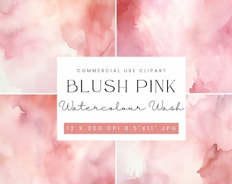 May include: Four digital watercolor washes in shades of pink and peach.  The text "COMMERCIAL USE CLIPART BLUSH PINK Watercolour Wash 12 X 300 DPI 8.5"X11" JPG" is printed in white on a white background.