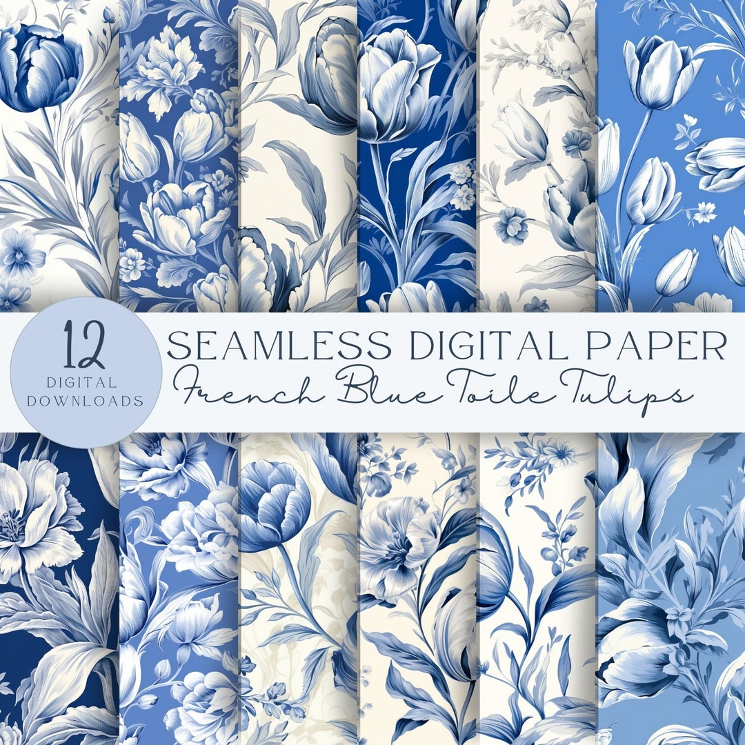 French Blue Tulips Toile De Jouy Digital Paper, Seamless Pattern ...