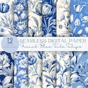 Franse blauwe tulpen Toile de Jouy digitaal papier, naadloos patroon, scrapbooking, Junk Journal, Instant Download