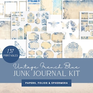 Vintage French Blue Toile de Jouy Junk Journal  Kit, Digital Paper, Ephemera, Folio Kit, Junk Journal, Instant Download, Printable Kit
