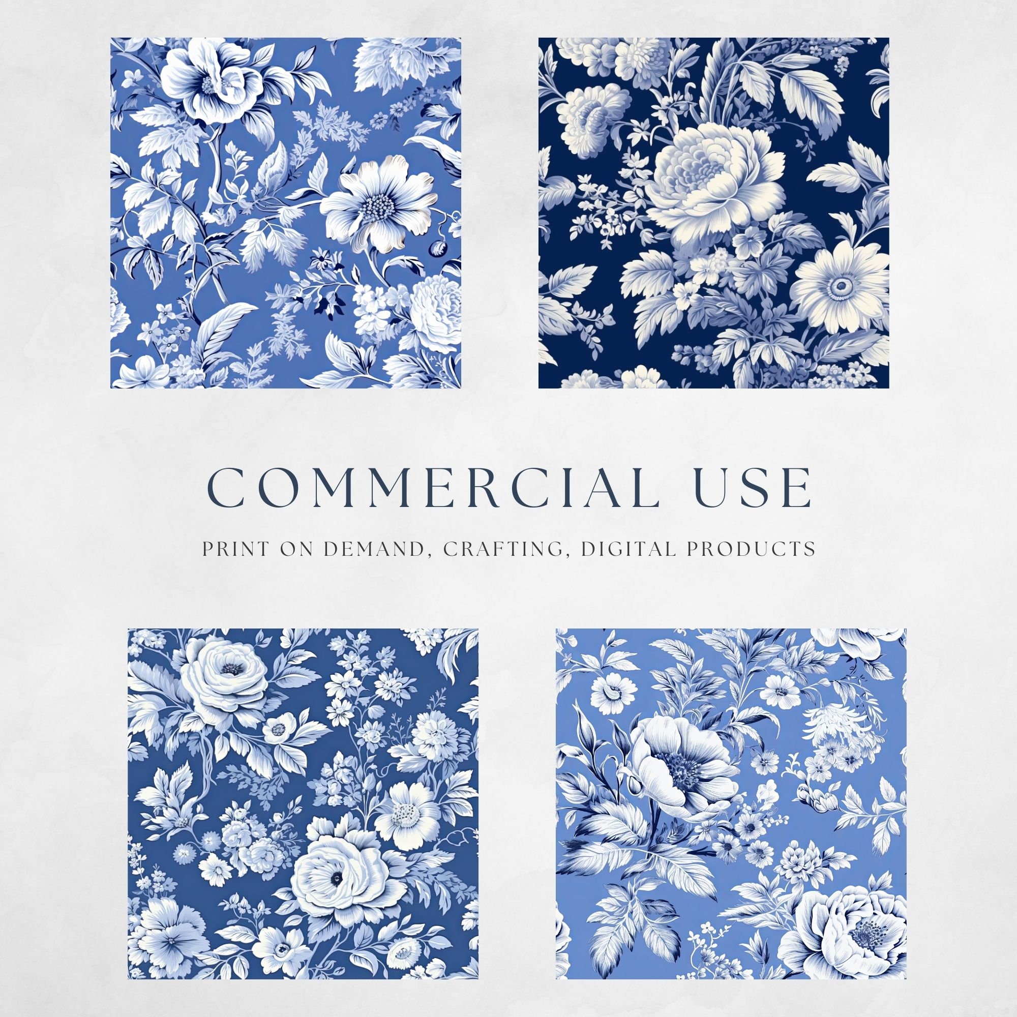 French Blue Floral Toile De Jouy Digital Paper, Seamless Pattern ...