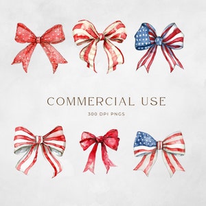 May include: Set of six watercolor illustrations of red, white, and blue bows. The bows are in the shape of a traditional bow with two loops and a center knot. The bows are perfect for adding a patriotic touch to any project.