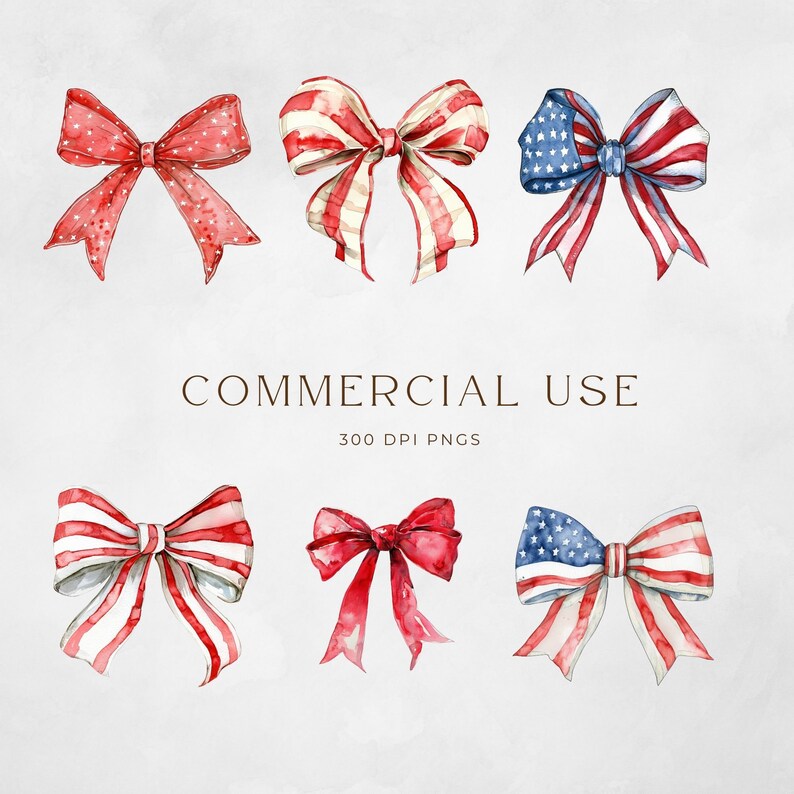 May include: Set of six watercolor illustrations of red, white, and blue bows. The bows are in the shape of a traditional bow with two loops and a center knot. The bows are perfect for adding a patriotic touch to any project.