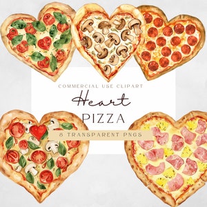 May include: Eight watercolor illustrations of heart-shaped pizzas with various toppings, including pepperoni, mushrooms, pineapple, and ham.  The text "Heart Pizza" is written in a decorative font.