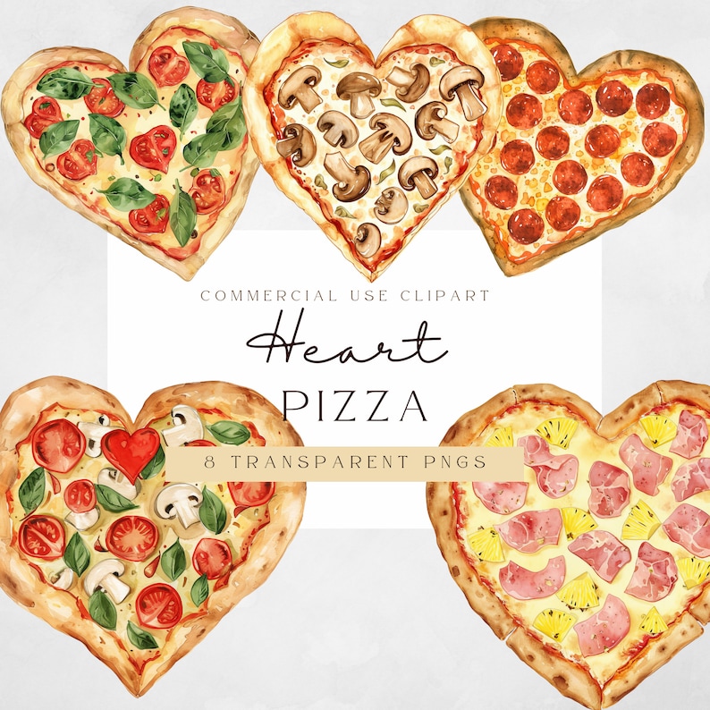 May include: Eight watercolor illustrations of heart-shaped pizzas with various toppings, including pepperoni, mushrooms, pineapple, and ham.  The text "Heart Pizza" is written in a decorative font.