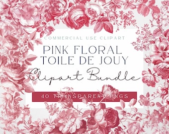 Pink Floral Toile de Jouy Clipart: French Chinoiserie PNGs (Digital Download)