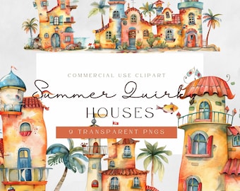 Summer Quirky House Clipart Bundle | Autumn Watercolor Colorful Cliparts | Watercolor House | Paper Craft Supplies | Cute Houses
