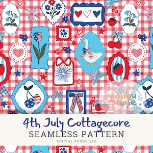 May include: A seamless digital pattern with a red and white gingham background. The design features patriotic elements like hearts, stars, bows, and a goose wearing a patriotic ribbon. The text "4th July Cottagecore" is included.