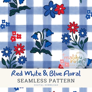 4 juli blommigt Cottagecore sömlöst mönster, gingham, röda vita och blå blommor, självständighetsdagen lapptäcke png, kommersiell licens