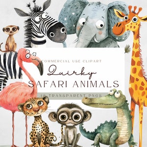 Kommerzielle Nutzung | Schrullig Safari Tier Clipart Illustrationen | Skurrile Tierkunst | Niedliche Karikatur Afrika Tiere Kunst | Kartenherstellung