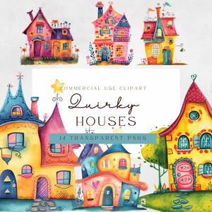 Pacchetto Clipart Casa eccentrica / Uso commerciale / Clipart colorate ad acquerello / Casa ad acquerello / Forniture per artigianato in carta / Case carine Png
