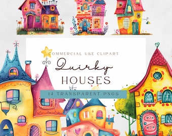 Quirky House Clipart Bundle | Commercial Use | Watercolor Colorful Cliparts | Watercolor House | Paper Craft Supplies | Cute Houses Png