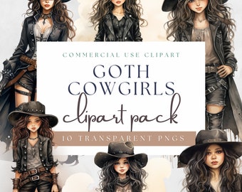 Aquarel Chibi Goth Cowgirls, Gothic Wild West, transparante PNG, Instant Download, Scrapbooking, commercieel gebruik