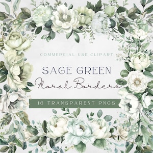 Floral vert sauge | Bouquets floraux de feuilles de verdure | Transparents png | Pack de clipart floral vert sauge et blanc | Utilisation commerciale