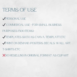 May include: Terms of use for digital products.  Personal use and commercial use for small businesses up to 500 items.  Templates for Canva, Templatt, etc. Print on demand, posters, decals, wall art, t-shirts, etc. No reselling in original format as clipart.