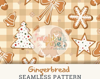 May include: A seamless pattern featuring gingerbread cookies in various shapes, including stars, bows, and gingerbread men, on a tan and white plaid background. The cookies are decorated with white icing and red and green sprinkles. The text "Gingerbread Seamless Pattern" is displayed.