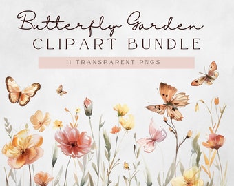 Wildflowers with Butterflies Clipart | Butterfly Garden | Boho Clipart | Flower Meadow  Png | Floral Border |  Watercolor Floral Clipart