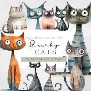 Transparent Png | Quirky Kittens Watercolor | 300 Dpi | Whimsical Cat | Cute Animals | Cute Playful Cats Illustrations | Junk Journal Cats