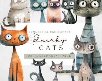 Watercolor Quirky Cats Clipart | Funny Kitten Illustrations (Digital Download)