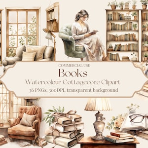 Bücherwurm, Clipart Bundle, Aquarell, Cottagecore, transparente PNG, Sofort Download, Scrapbooking, Junk Journal, kommerzielle Nutzung