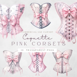 May include: A set of ten digital illustrations of pink and white corsets with lace details and pink bows. The text "Coquette Pink Corsets" is written in a decorative font below the images.  10 Transparent PNGs.