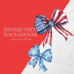 May include: Two watercolor bows with a red, white, and blue American flag design. The bows are isolated on a white background.