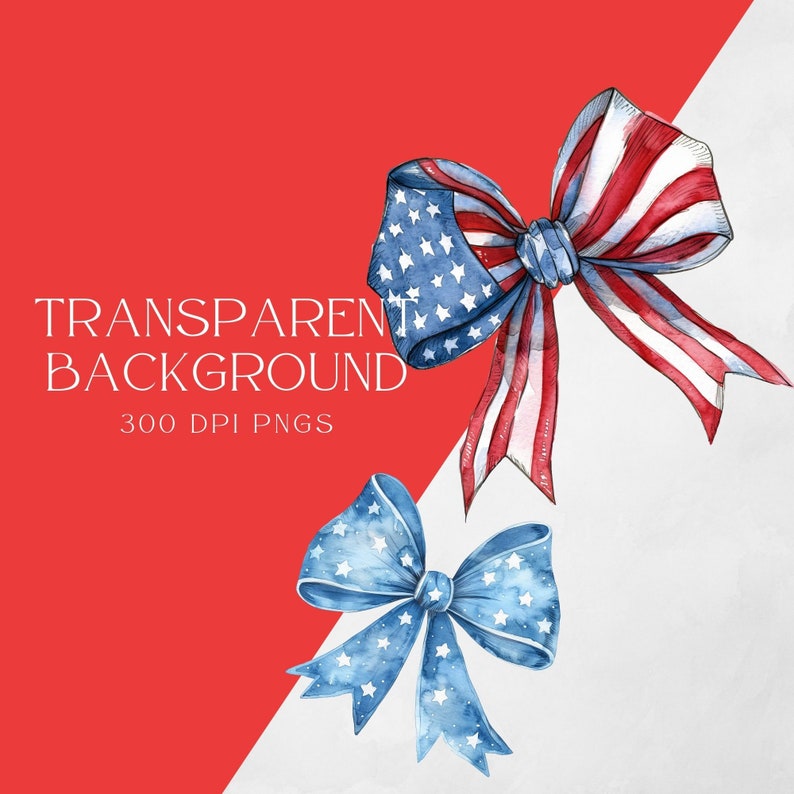 May include: Two watercolor bows with a red, white, and blue American flag design. The bows are isolated on a white background.