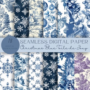 Blaue Weihnachten Toile de Jouy Digitales Papier, Nahtloses Muster, Scrapbooking, Junk Journal, Weihnachtsmuster, Blaue Toile, Weihnachtspapiere