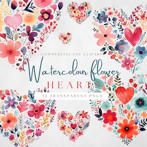 Flores de coração em aquarela, clipart de dia dos namorados, PNG transparente, download instantâneo, impressão sob demanda, uso comercial