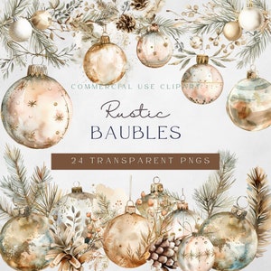 Rustieke kerstbal clipart | Rustieke kerstballen | Neutraal kerstdecor | Scandinavische kerst | Aquarel kerst | Winterclipart