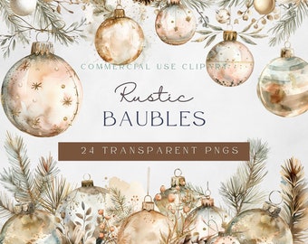 Rustic Christmas Bauble Clipart: Watercolor Winter Ornaments (PNG Digital Download)