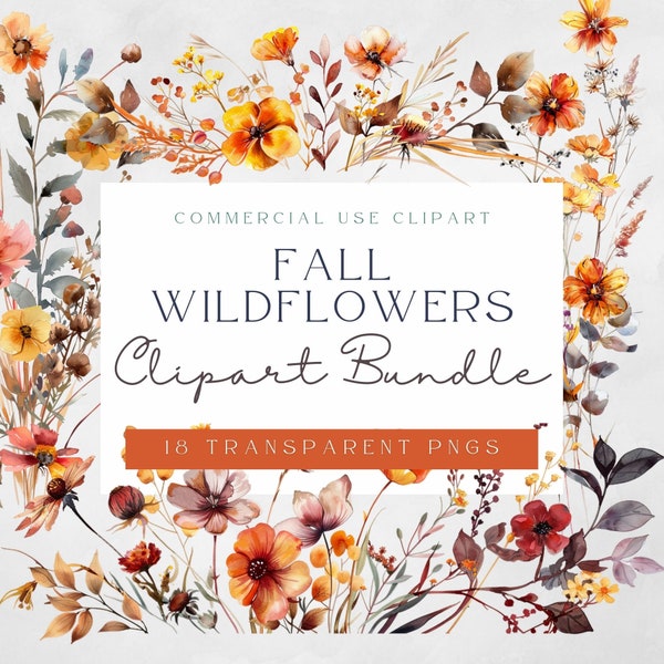 Wildflowers Floral Clipart | Moody Florals | Boho Clipart | Fall Wildflowers Clipart Png | Floral Border | Autumn Watercolor Floral Clipart