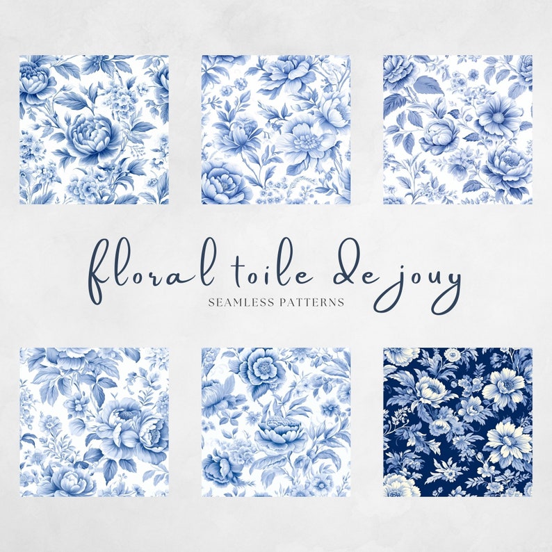 French Blue Floral Toile De Jouy Digital Paper, Seamless Pattern ...