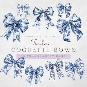 Toile Clipart | Blaue Schleife Clipart | Kokette Bogen | Toile de Jouy Muster | Kommerzielle Nutzung | Digitaler Download