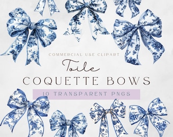 Toile Bow Clipart: Blue Coquette Bows, Commercial Use (Digital Download)