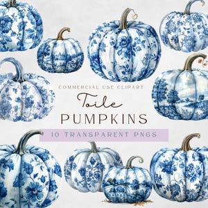 Clipart toiletpompoen | Clipart chinoiseriepompoen | Franse blauwe toile de jouy | Toile de Jouy Halloween | Herfstblauwe pompoenen