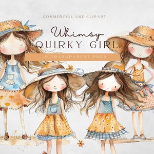 Whimsy Young Girl Clipart / Illustrazione stravagante di ragazza eccentrica / ClipArt eccentrica / Bambole di carta acquerello / Forniture per scrapbooking stampabili