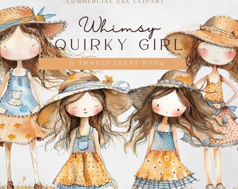 Whimsy Young Girl Clipart | Whimsical Quirky Girl Illustration | Quirky clip art | Watercolor Paper Dolls | Printable Scrapbooking Supplies