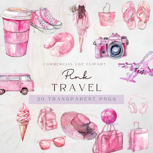 Clipart de viaje en acuarela de niña rosa / Descarga digital / Clipart de niña viajera en acuarela / Clipart de verano / 22 PNG transparente 300 dpi