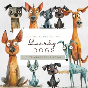 Whimsical Dogs Clipart | Quirky Art | Quirky Dog Clipart | Puppy Fun | Transparent Png | Commercial Use | 300 Dpi | Junk Journal