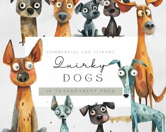 Whimsical Dogs Clipart | Quirky Art | Quirky Dog Clipart | Puppy Fun | Transparent Png | Commercial Use | 300 Dpi | Junk Journal