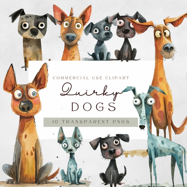 Whimsical Dogs Clipart | Quirky Art | Quirky Dog Clipart | Puppy Fun | Transparent Png | Commercial Use | 300 Dpi | Junk Journal