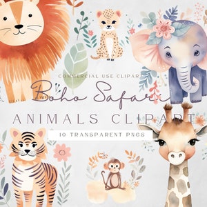 Clipart animal safari bohème | Éléments du logo | Décoration murale neutre pour chambre de bébé | PNG tropicale | Éléments numériques pour chambre d'enfant | Clipart Animaux de la jungle