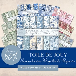 Toile de Jouy digitaal papier massieve bundel, naadloos patroon, vintage Frans blauw, toile bloemenpatroon, scrapbooking, junkjournaal,