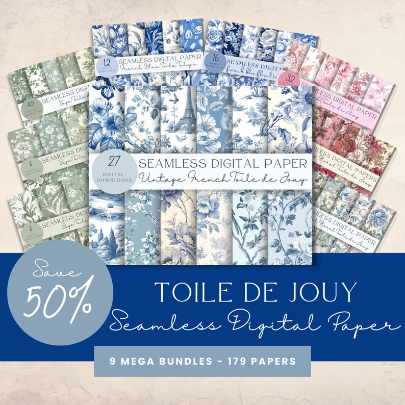 Toile De Jouy Digital Paper Bundle: Vintage French Floral Seamless ...