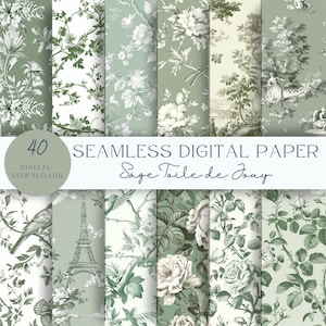 Sage Toile De Jouy Seamless Pattern | Dainty Vine With Blooms | Spring Toile Background | Sage Green Toile  Png | Butterfly Toile File