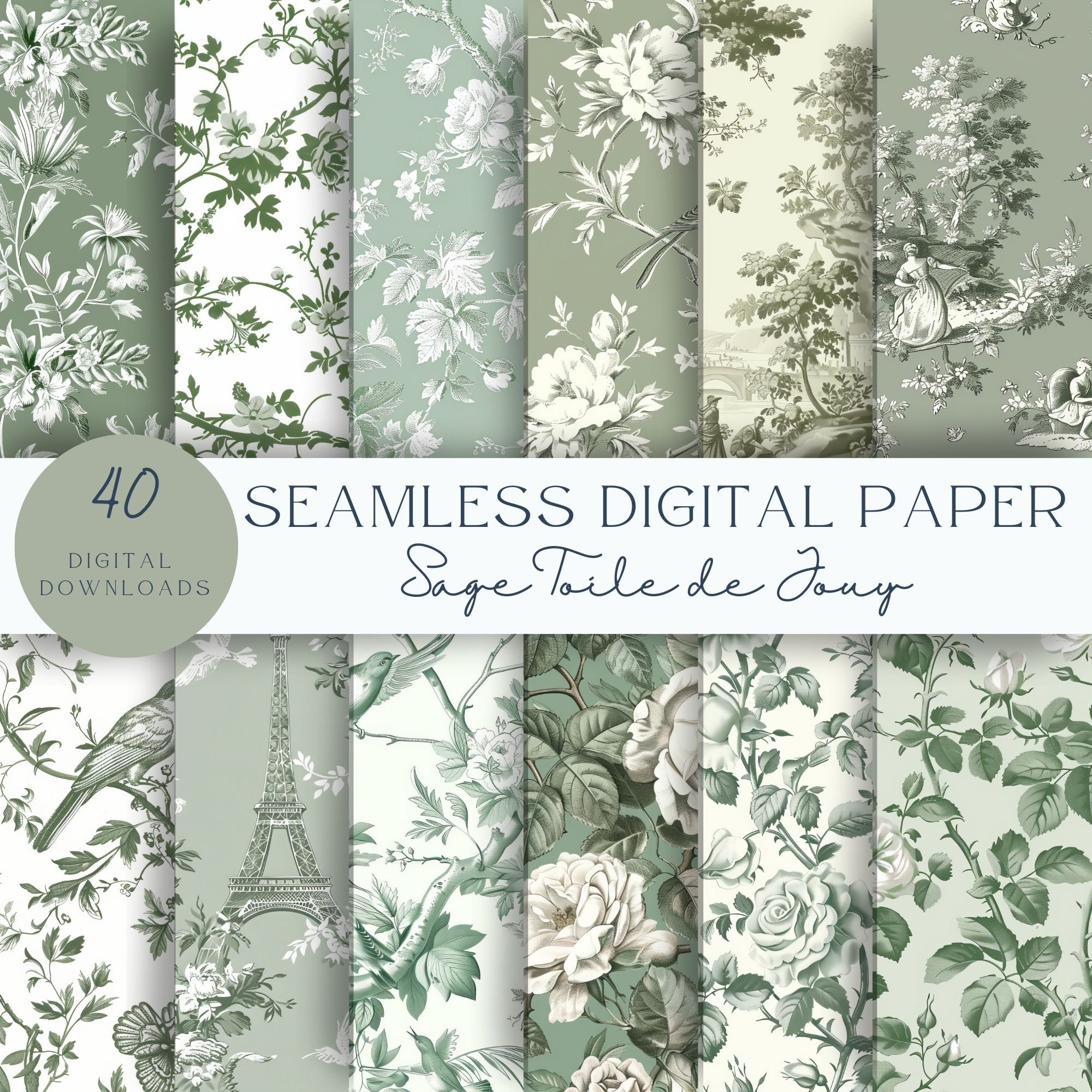 Sage Toile De Jouy Seamless Pattern | Dainty Vine With Blooms | Spring ...