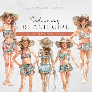 Clipart fille de plage fantaisiste | Illustration fantaisiste de fille excentrique | Clipart plage fille | Poupées en papier aquarelle | Scrapbooking imprimable